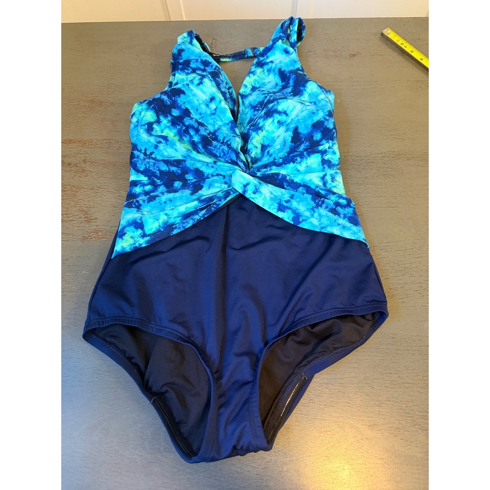 Gabar Womens Blue Tie Dye Twist Front One Piece Swimsuit Size 16 Racerback